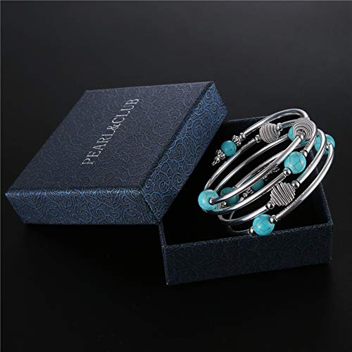 PEARL&CLUB Beaded Chakra Bangle Turquoise Bracelet - Fashion Jewelry Wrap Bracelet with Thick Silver Metal and Mala Beads, Birthday Gifts For Women - color: 63-Turquoise Blue