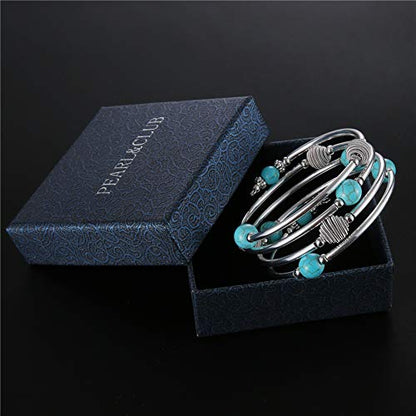 PEARL&CLUB Beaded Chakra Bangle Turquoise Bracelet - Fashion Jewelry Wrap Bracelet with Thick Silver Metal and Mala Beads, Birthday Gifts For Women - color: 63-Turquoise Blue