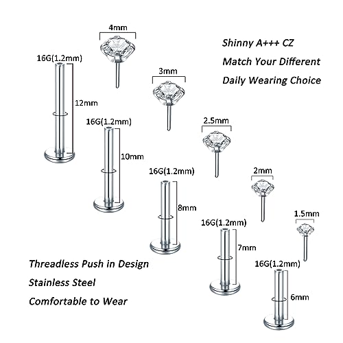 Aumeo 20G 18G 16G Threadless Push in Nose Rings Studs Surgical Steel Labret Jewelry Monroe Lip Rings Studs Medusa Ashley Piercing Jewelry for Women - color: Silver, size: 16g*6/7/8/10/12mm