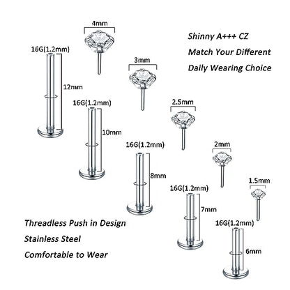 Aumeo 20G 18G 16G Threadless Push in Nose Rings Studs Surgical Steel Labret Jewelry Monroe Lip Rings Studs Medusa Ashley Piercing Jewelry for Women - color: Silver, size: 16g*6/7/8/10/12mm