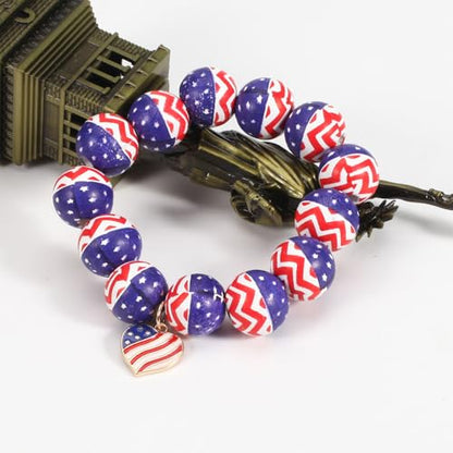 4th of July Wooden Bead Bracelet, American Flag Pattern Chunky Beaded Stretch Bracelet, Patriotic Independence Day Jewelry for Women(Heart-Bead Diameter 0.63 inches)