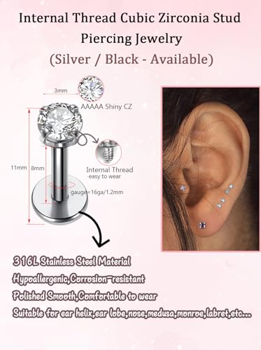 PiercingJ 2-4pcs 16g 316L Stainless Steel 3mm Cubic Zirconia Labret Monroe Lip Ring/Tragus/Helix Earring,6-12mm Bar Length - style: 3mm zirconia round / 8mm bar