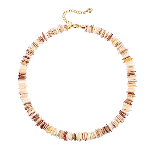Aobei Pearl Gemstone Beaded Choker Necklace for Women Boho Turquoise/Cultured Freshwater Pearls/Garnet/Amazonite Jewelry - color: L Brown Shell Beads