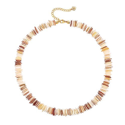 Aobei Pearl Gemstone Beaded Choker Necklace for Women Boho Turquoise/Cultured Freshwater Pearls/Garnet/Amazonite Jewelry - color: L Brown Shell Beads