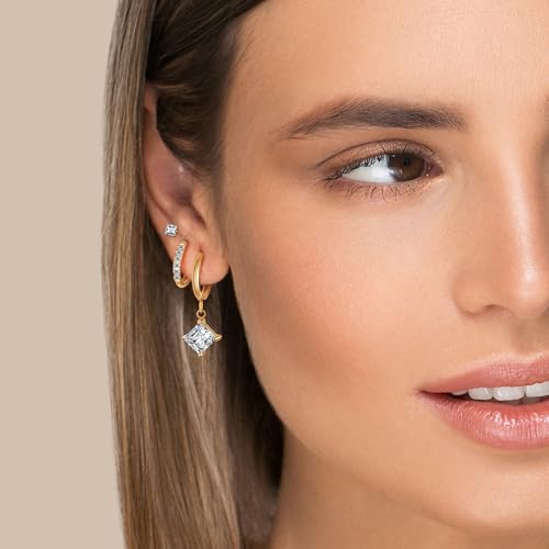 Surgical Steel Small Stud Clover Drop Dangle Huggie Hoop CZ Stud Earrings - color: E-14K Gold Plated S