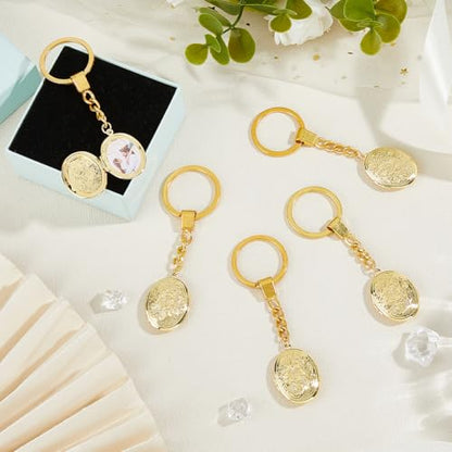 SUPERFINDINGS 5Pcs Locket Keychains Brass Memory Photo Locket Keychain Oval Flower Locket Keychains for Bag Hat Key - color: Golden