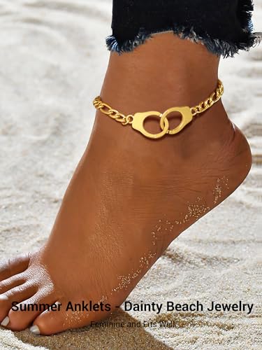 PROSTEEL Trendy Handcuffs Design/Customize Words Ankle Bracelet For Women, 316L Stainless Steel Anklets Silver/Gold/Black Tone, Hypoallergenic, Come with Box - style: 02 Handcuffs Anklet(8.5"-10.5")-Luxury Gold