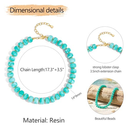Chunky Colorful Choker Necklace for Women - Summer Beach Round Resin Beads Necklace, Trendy Statement Summer Beach Jewelry Birthday Gifts for Vacation Holiday - color: 14mm Light Bule Beads