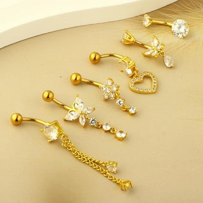 TIANCI FBYJS Surgical Stainless Steel Dangle Belly Button Rings for Women Belly Ring Dangling Piercing Jewelry with Heart Flower Butterfly Silver 14G - color: gold color