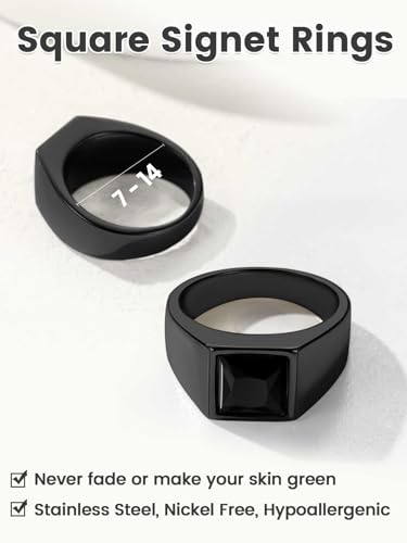 KeyStyle Square Gemstone Signet Rings for Men, Personalized Stainless Steel Pinky Ring with Black Onxy Blue Topaz Birthstone Statement Ring - color: Black -Black Onyx - 8mm