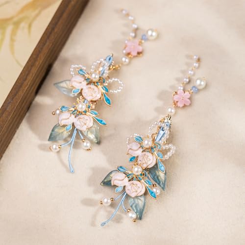 A Pair Wedding Hair Clips, Handmade Floral Design Crystal Hair Clips Pearl Barrettes, Rhinestones Flower Clips Pearl Headpieces Hair Pins Hair Accessories for Women Girls (Blue&White) - color: Blue&White