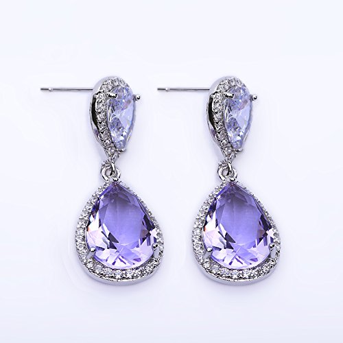 Elegant Jewelry Set for Women Silver Teardrop CZ Drop Earrings and Necklace | Square Teardrop Cubic Zirconia Rhinestone Jewelry Sets Bridal Jewelry Sets for Wedding Bride Bridesmaids Mother of Bride - style: Guardian Angel (Amethyst)