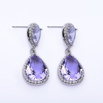 Elegant Jewelry Set for Women Silver Teardrop CZ Drop Earrings and Necklace | Square Teardrop Cubic Zirconia Rhinestone Jewelry Sets Bridal Jewelry Sets for Wedding Bride Bridesmaids Mother of Bride - style: Guardian Angel (Amethyst)