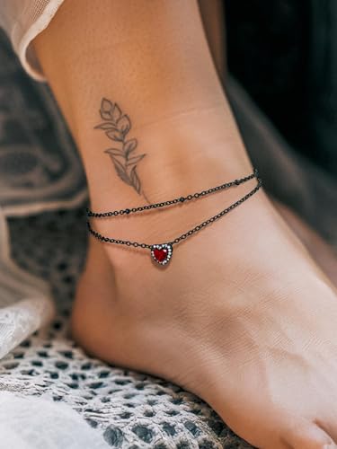 Richsteel Double Layer Heart/Butterfly Birthstone Anklet for Women | Non Tarnish Waterproof, Silver/Gold/Black Stainless Steel 8.5-10.5 Inch Adjustable Chain Anklets Summer Beach Foot Jewelry - color: Black Heart-01 Jan.(Garnet)
