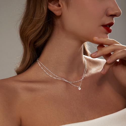Zeffy Diamond Necklaces for Women, Dainty Gold Necklace 18k Gold Plated Layered Necklaces Simple Gold CZ Diamond Pendant Necklaces for Women Trendy Jewelry Gifts for Girls - color: Silver CZ Layered Necklace