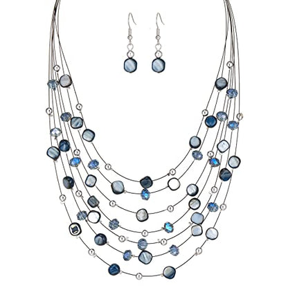 Multi-Layer Boho Shell Beaded Necklace for Women Colorful Crystal Strand with Silver Beads Statement Collars Necklace and Earrings Costumes Jewelry Sets for Women - color: Blue