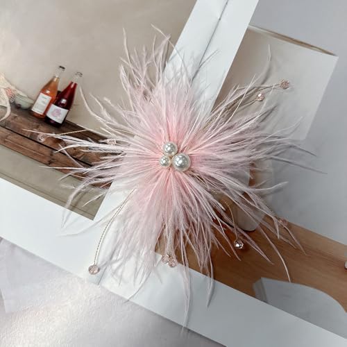 Elegant Feather Flower Pearl Cz Large Brooch Pin for Women Men Rhinestone Crystal Floral Lapel Pins Wedding Party Banquet Dress Suit Clothes Accessories Fashion Jewelry 180mm - color: Pink
