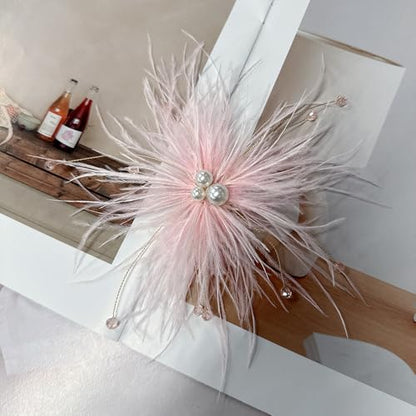Elegant Feather Flower Pearl Cz Large Brooch Pin for Women Men Rhinestone Crystal Floral Lapel Pins Wedding Party Banquet Dress Suit Clothes Accessories Fashion Jewelry 180mm - color: Pink