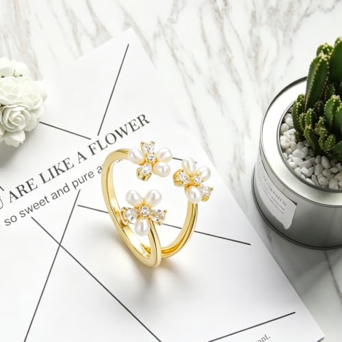 Adjustable Open Flower Rings for Women, 14K Gold Plated Dainty Cherry Blossom Rings with Cubic Zirconia/Enamel/Beads, Cute Floral Statement Rings Jewelry Gifts for Birthday Mother's Day