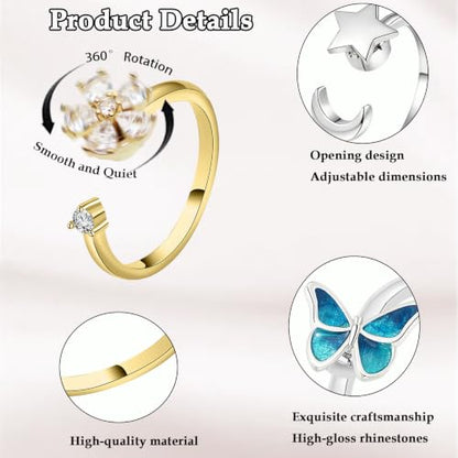 4Pcs Fidget Anxiety Rings for Women, Golden and Silver Adjustable Open Spinner Rings for Anxiety, Stress Relief Rotating Rings with Butterfly Sun Star Flower Designs, Fidget Jewelry for Women