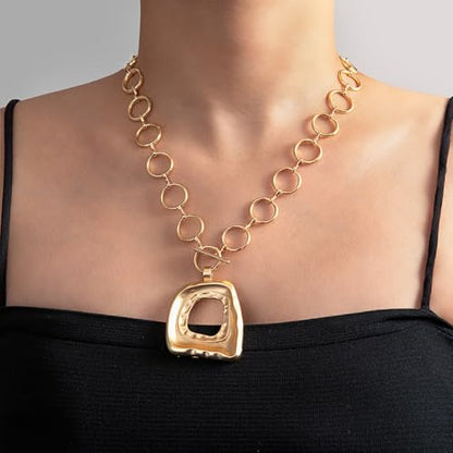 Sora Tuki Gold Chunky Necklace for Women Trendy Big Silver Statement Necklace Large Heart Hollow Square Necklaces Bold Thick Chain OT Toggle Necklaces Boho Chunky Jewelry - color: Style 2 - Gold-Square