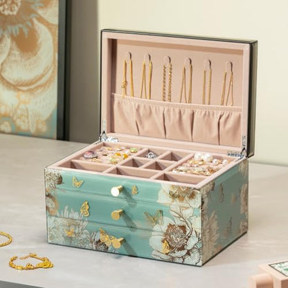 High End Glass Jewelry Box, 3 Layer Jewelry Organizer, Velvet-Lined Case For Ring, Necklace, Earring, Bracelet Storage,Ideal Gift for Her (Bird & Floral) | Large Jewelry Organizer, Velvet-Lined Case, For Ring, Necklace, Earring, Bracelet Watches Storage,