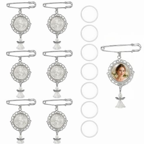 ETZRUNO 6 Sets Memorial Photo Charms for Wedding Bouquet - Blanks Pins Kit with Frame - Custom Picture Pendant for Bridal Bouquet, Funeral, Graduation - Metal Photo Locket Charm