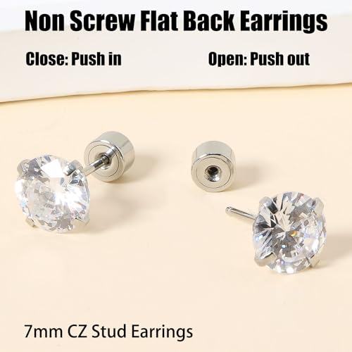 Threadless Flat Back Earrings, Hypoallergenic 14K Real Gold Plated CZ Stud Earrings | Cartilage Earring | Tragus Helix Piercing Jewelry | Push in Flatback Earrings for Women Men - color: Silver, size: 7 Millimeters