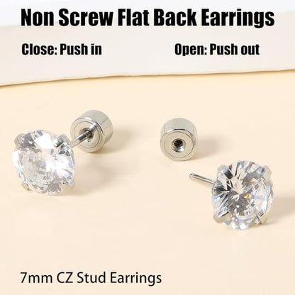 Threadless Flat Back Earrings, Hypoallergenic 14K Real Gold Plated CZ Stud Earrings | Cartilage Earring | Tragus Helix Piercing Jewelry | Push in Flatback Earrings for Women Men - color: Silver, size: 7 Millimeters