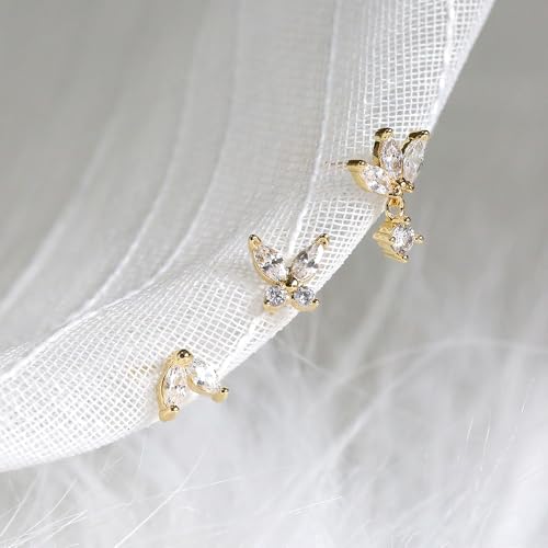 Sterling Silver Earrings Stacks for Women, Hypoallergenic Cartilage Earring | Dainty Stud Huggie Hoop Dangle Chain Earrings, 14K Gold/White Gold Plated - color: 3Pairs-Butterfly Set-Gold