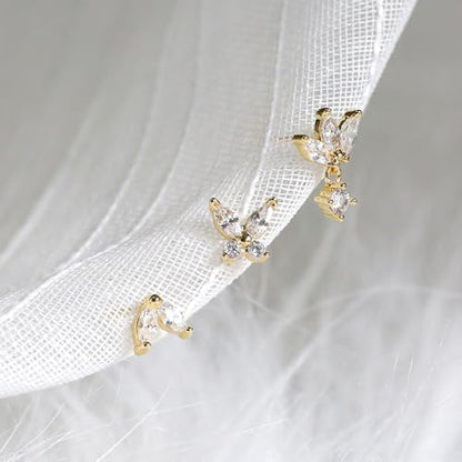 Sterling Silver Earrings Stacks for Women, Hypoallergenic Cartilage Earring | Dainty Stud Huggie Hoop Dangle Chain Earrings, 14K Gold/White Gold Plated - color: 3Pairs-Butterfly Set-Gold