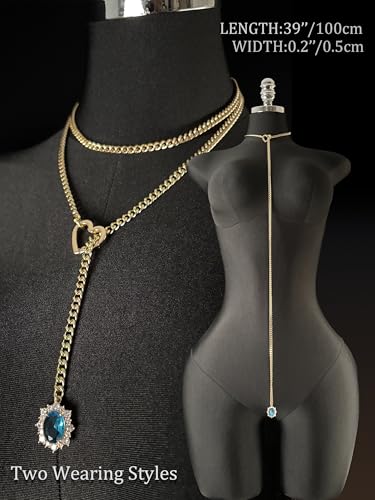 Women's Heart O-Ring Slip Chain Necklace, Double Layered Adjustable 39'' Cuban Chain with Detachable Heart Clasp and Colorful Rhinestone Pendant - color: 39'' Gold-Ocean Blue