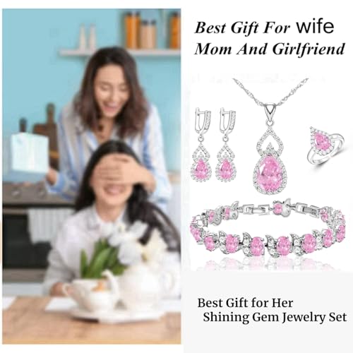 LMXXVJ Women Jewelry Set Platinum Plated Necklace Open Ring Earrings Bracelet Set,Birthday/Anniversary Mother’s Day Jewelry Gifts for Mom/Wife/Sister/Best Friend - color: Pink