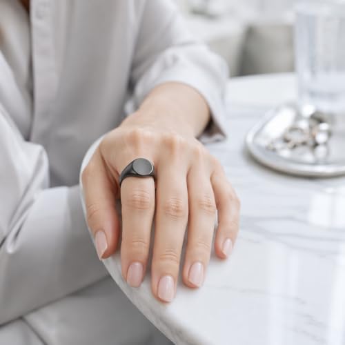 MYNENEY Stainless Steel Round Statement Pinky Signet Rings for Men Women - color: Custom-Black
