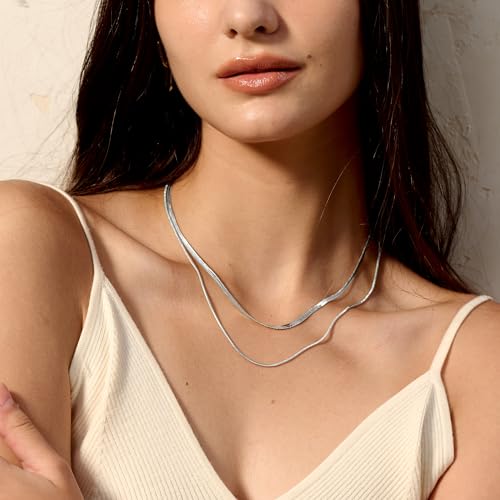 CHESKY 14K Gold/Silver Plated Snake Chain Necklace Herringbone Necklace | Gold Necklace for Women,layered Herringbone Necklace,1.5/3/5MM(W) 14"/16"(L) ,Mothers Day Gifts for Mom,Jewelry - color: silver, style: layered herringbone