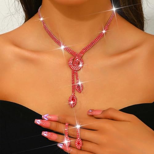 Unicra Silver Rhinestone Bridal Wedding Jewelry Set Crystal Necklace Earrings Sets Formal Prom Costume Jewelry Sets for Women and Brides - color: Red