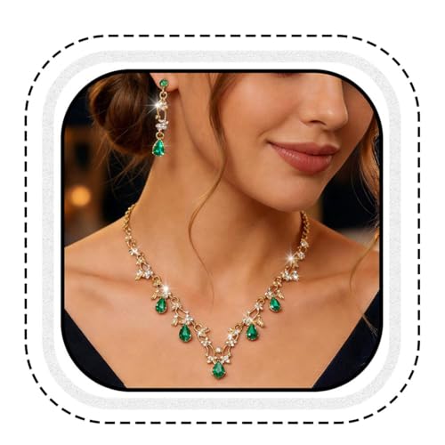 Gold Rhinestone Jewelry Set Bridal Wedding Necklace Earrings Sets Prom Formal Costume Jewelry for Women and Brides - color: Green