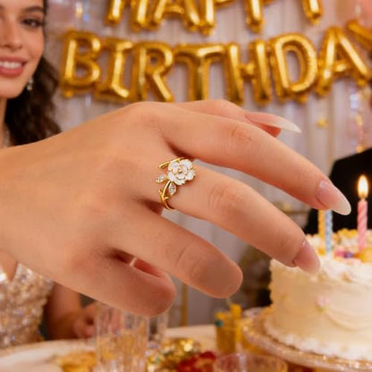 Elegant Cz Camellia Adjustable Open Band Statement Ring for Women Gold Tone Dainty Crystal Enamel Floral Statement Finger Band Rings Wedding Party Fashion Jewelry