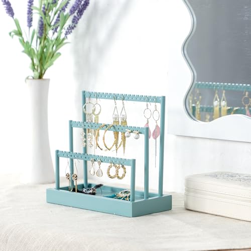 SANY DAYO HOME 3-Tier Earring Holder Organizer Stand, 105 Holes Teal Blue Metal Earring Rack Jewelry Display Tree with Wood Tray for Women and Girls - color: Teal Color Rack and Base