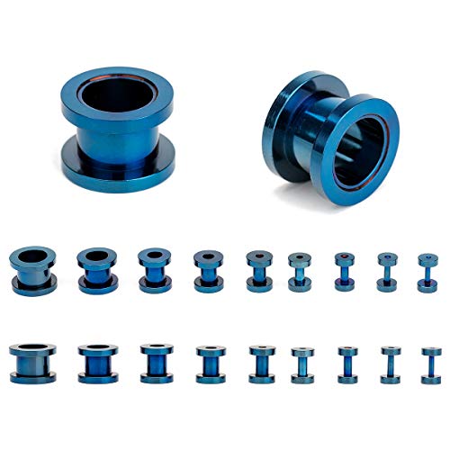 18PCS Ear Tunnels Kit Stainless Steel Screw Fit 14G-00G Gauges Plugs Set Double Flared Stretcher Expander Body Piercing Jewelry - color: Blue