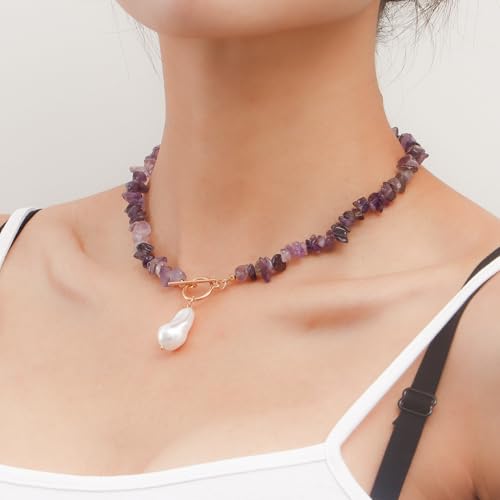 Bohemian Stone Pearl Choker Necklace for Women Dainty Natural Irregular Stone Choker Turquoise Beaded Lariat Necklace Simple Fashion OT Toggle Spiritual Handmade Jewelry - color: Purple