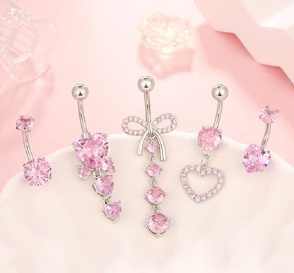 Zankulas Dangle Belly Button Rings Piercing Jewelry for Women Surgical Stainless Steel Dangling Belly Ring Pack with Heart Bow Elements 14g