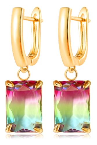 Geometric 14K Gold Crystal Stone Quartz Gemstone Leverback U Hoop Drop Dangle Earrings Jewelry for Women - color: E01