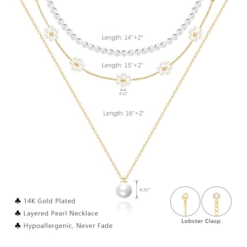 LULII Pearl Necklaces for Women 14K Gold Plated Dainty Layered Single Pearl Necklace Simple Daisy Pearls Choker Cute Gold Necklace Stack Jewelry Sets for Women Trendy Gifts - color: Gold-Layered Daisy Pearl Set