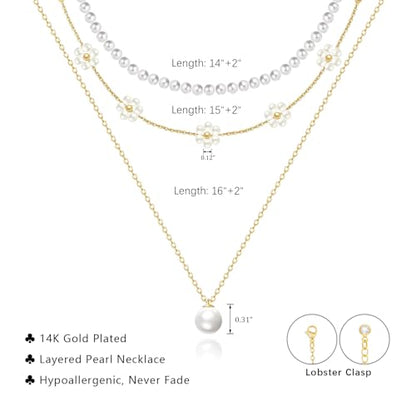 LULII Pearl Necklaces for Women 14K Gold Plated Dainty Layered Single Pearl Necklace Simple Daisy Pearls Choker Cute Gold Necklace Stack Jewelry Sets for Women Trendy Gifts - color: Gold-Layered Daisy Pearl Set