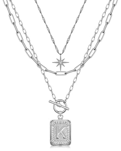 MJartoria Layered Initial Necklaces for Women | 14K Gold Plated Brass, Star Choker, Square Letter Pendant, Paperclip Chain - color: Silver, style: K