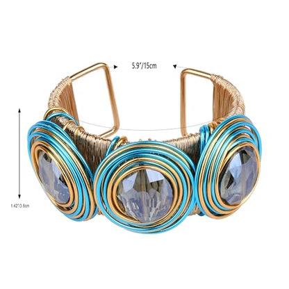 Chunky Gold Cuff Bracelets for Women Stack Silver Bracelet Vintage Bohemian Indian Bangles for Women Adjustable Open Wide Gold Bangle Bracelet Trendy Statement Jewelry - style: METALLIC FINISH SPIRALS THREE BLUE GLASSSTONE