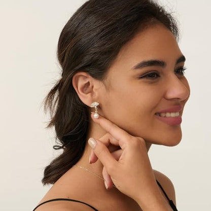Pearl Earrings - 14K Gold/White Gold/Rose Gold Plated Cubic Zirconia CZ Diaomond Accented Pearl Drop Dangle Earrings for Women Wedding Bridal Prom - color: Fan drop