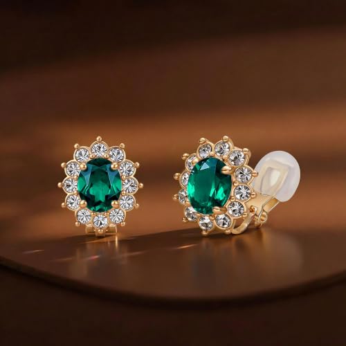 EVEVIC Oval Austrian Crystal Halo Clip On Earrings for Women | Oval Austrian Crystal with Zircon Halo,14K Gold-Plated,Silicone Comfort Pad,Gift Box Included,For Daily and Evening Events - color: Emerald Green