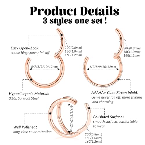 FUNLMO 3Pcs Nose Rings Double Hoop Nose Ring Conch Daith Tragus Helix Rook Piercing Jewelry Surgical Steel Cartilage Earring Conch Hoop Earring Septum Jewelry Lip Ring - color: Style 1: Rose gold